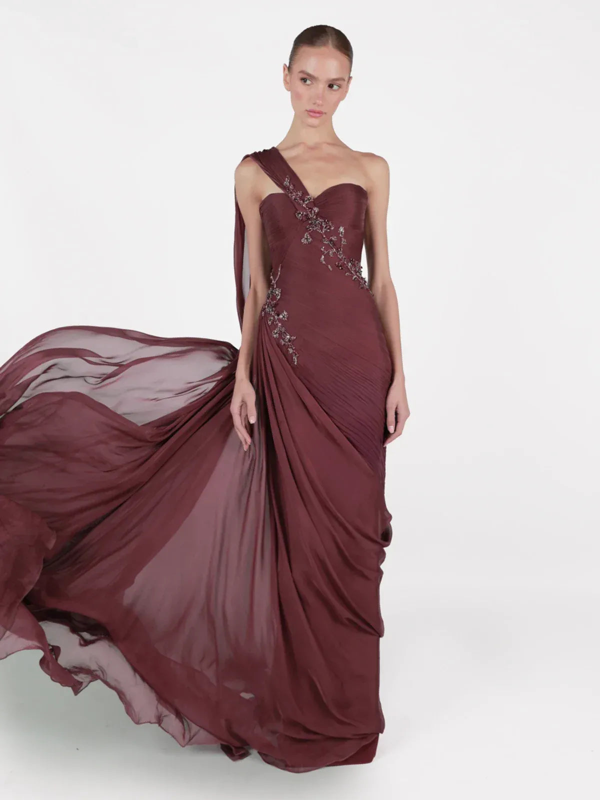 One-Shoulder Ruched Beaded Mermaid Maxi Dress with Cape
