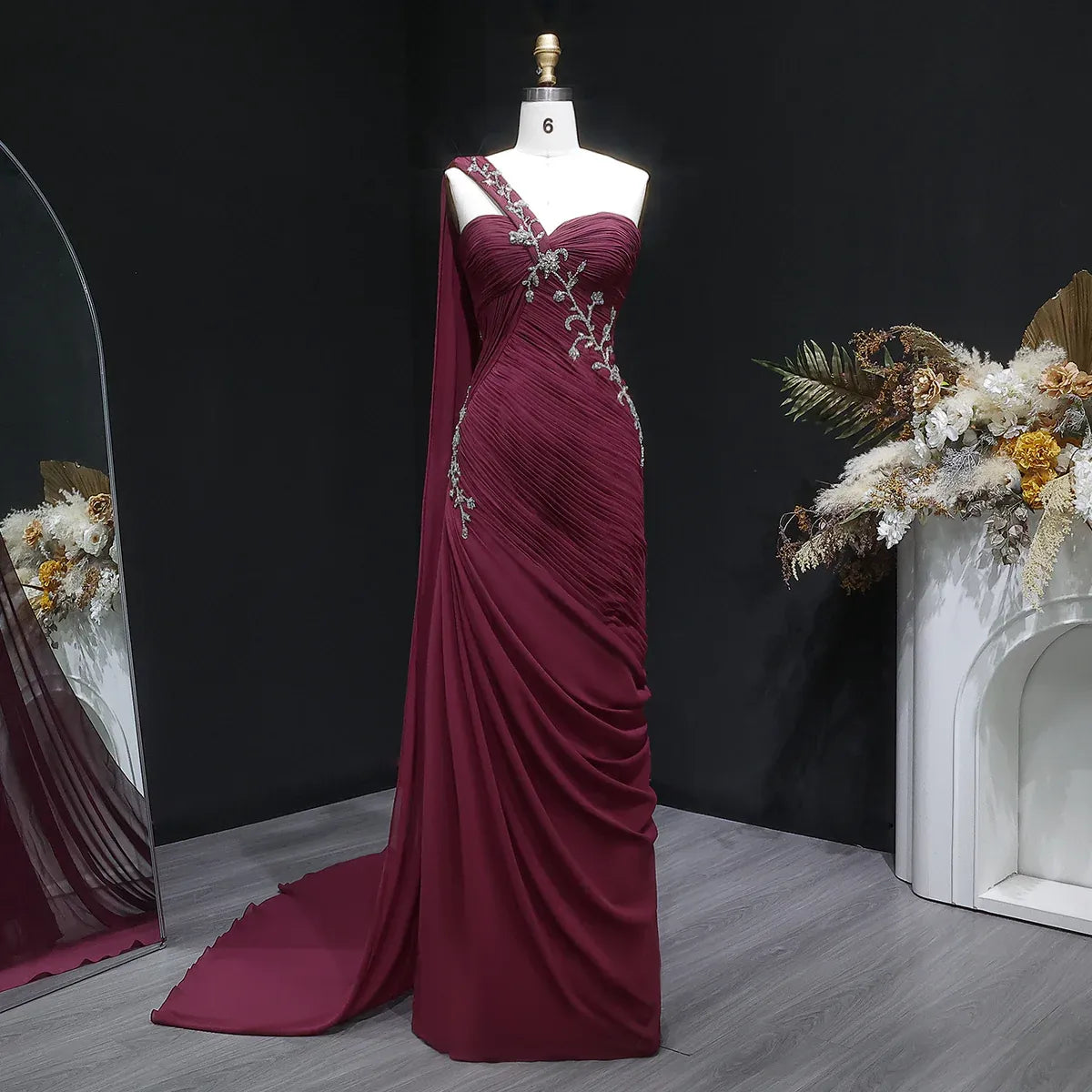 One-Shoulder Ruched Beaded Mermaid Maxi Dress with Cape