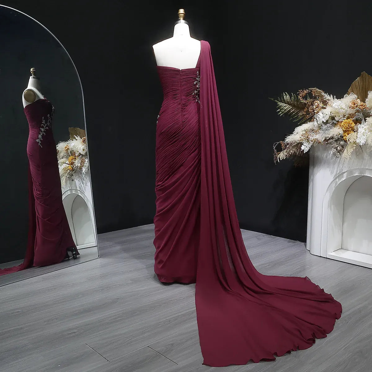 One-Shoulder Ruched Beaded Mermaid Maxi Dress with Cape