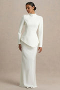 Elegant Peplum High Neck Long Sleeve Zip Back Floor Length Evening Dress