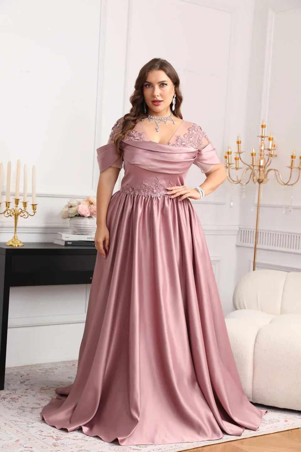 Plus Size A-Line Off-The-Shoulder Short Sleeve Appliques Mother Of The Bride Dress