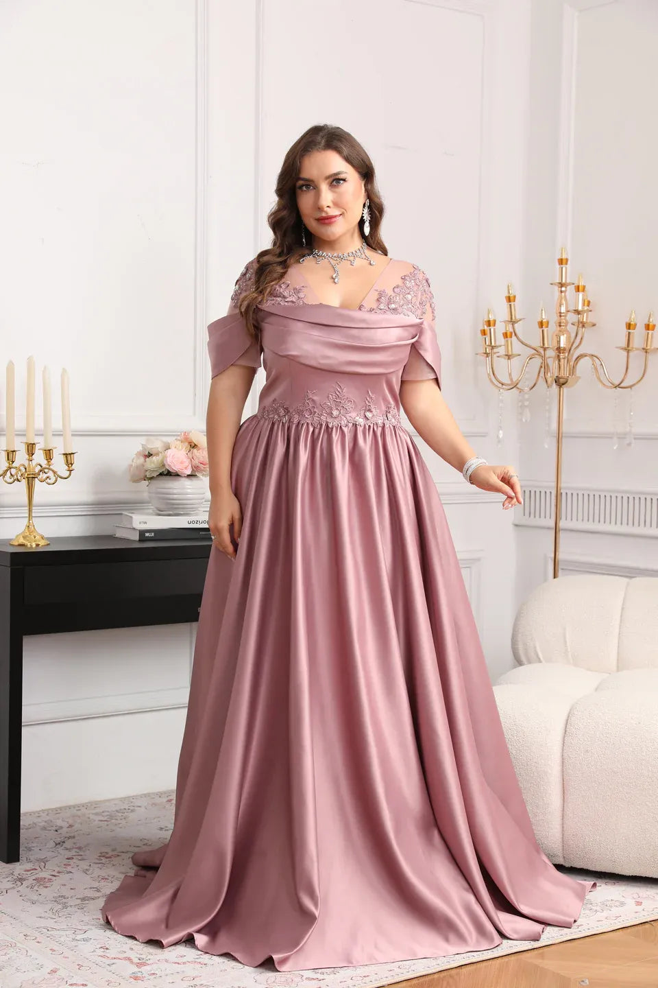 Plus Size A-Line Off-The-Shoulder Short Sleeve Appliques Mother Of The Bride Dress
