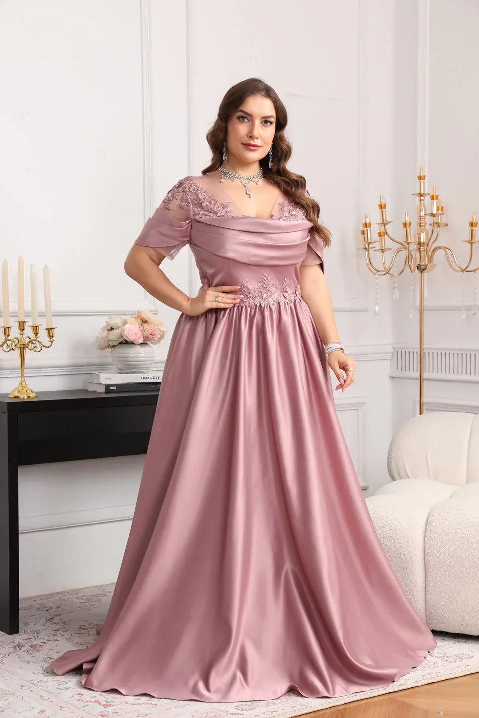Plus Size A-Line Off-The-Shoulder Short Sleeve Appliques Mother Of The Bride Dress