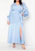 Elegant Plus Size Wrap V Neck Bishop Sleeve Tie Back Floor Length Evening Dress