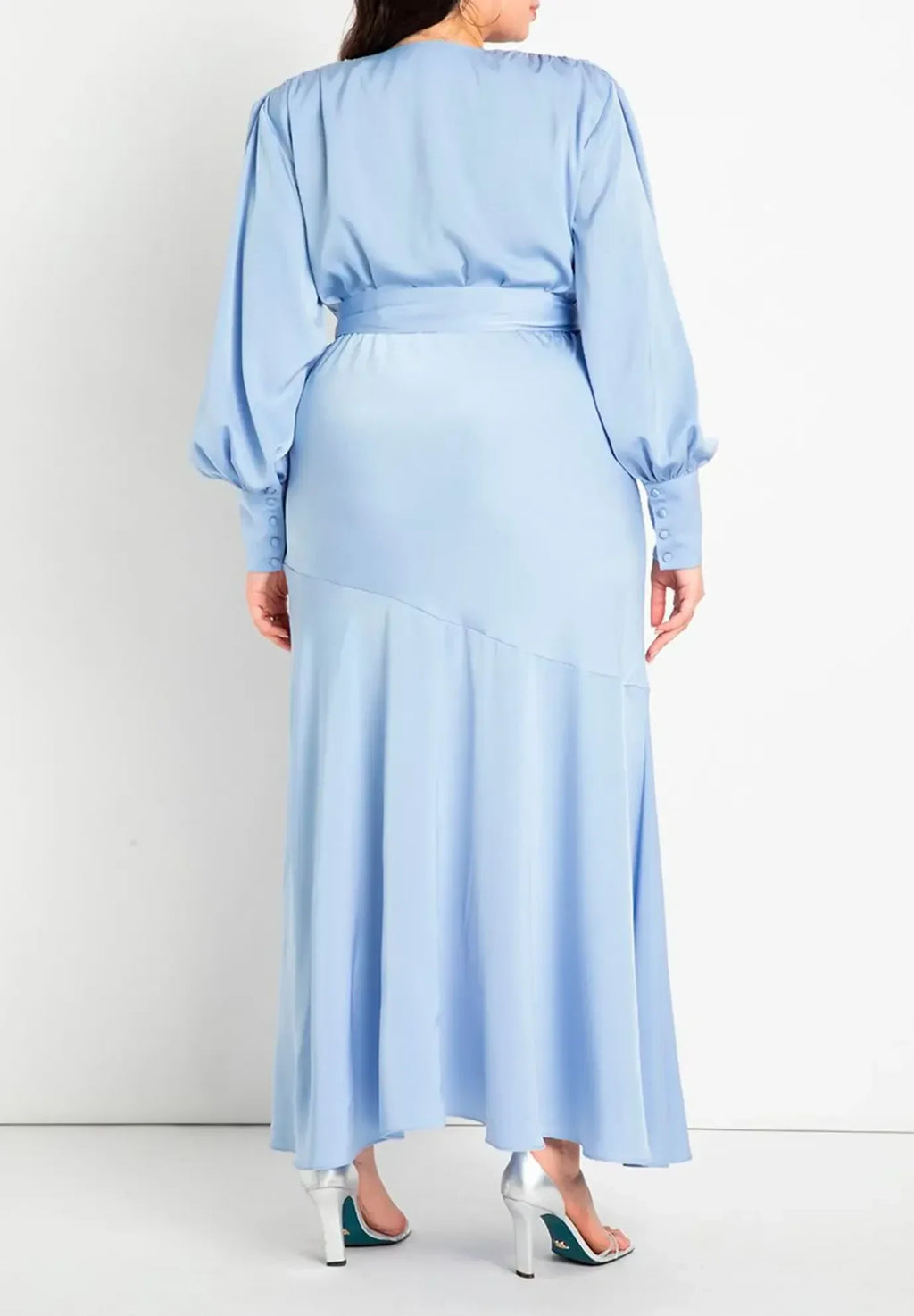 Elegant Plus Size Wrap V Neck Bishop Sleeve Tie Back Floor Length Evening Dress