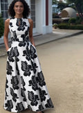 Scoop Neck Sleeveless A-Line Flower Printed Long Prom Dress