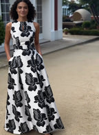 Scoop Neck Sleeveless A-Line Flower Printed Long Prom Dress