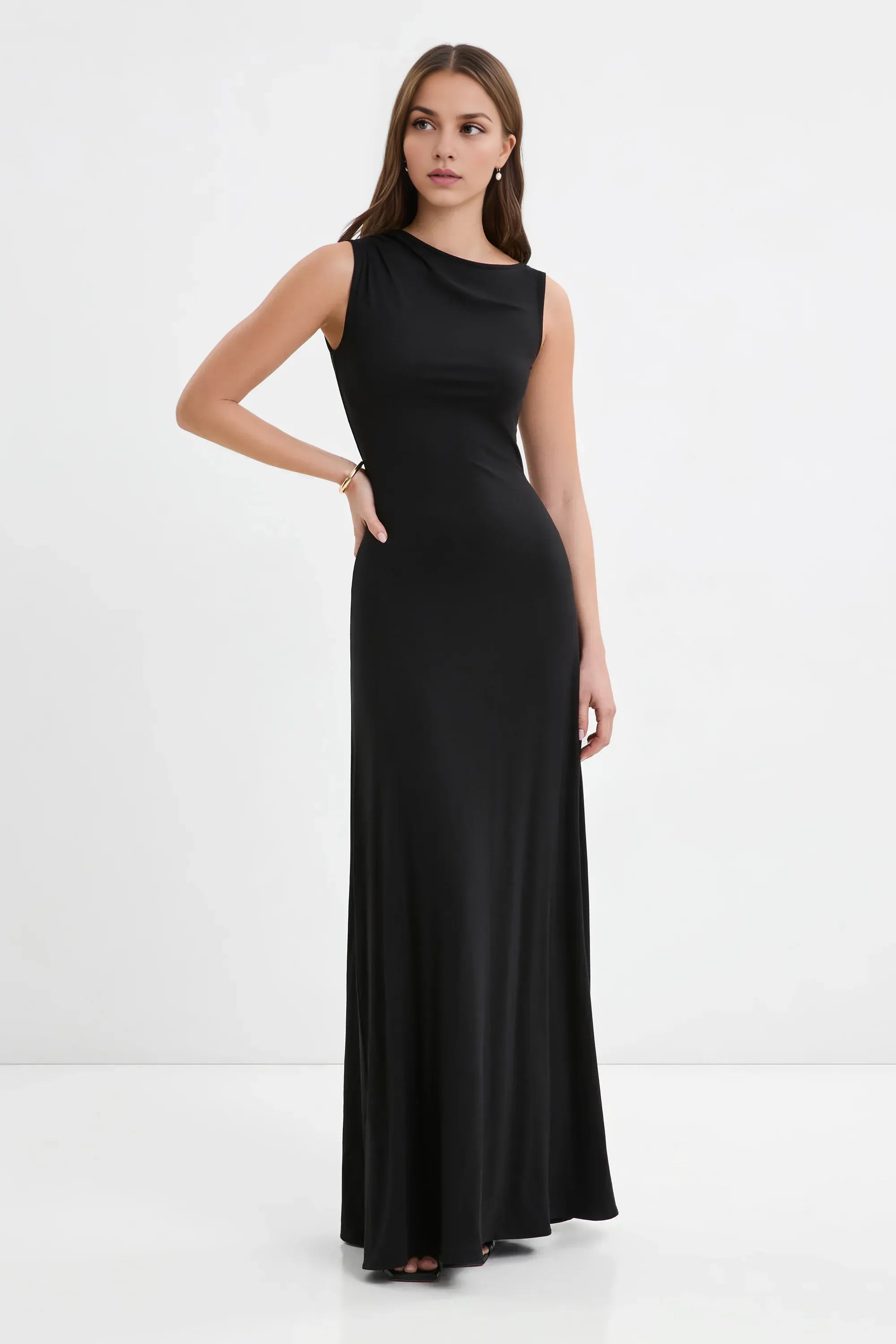 Elegant Sheath Asymmetrical Neck Sleeveless Draped Back Floor Length Female Prom Dress