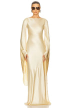 Elegant Sheath Boat Neck Dramatic Long Sleeve Open Back Floor Length Evening Dress