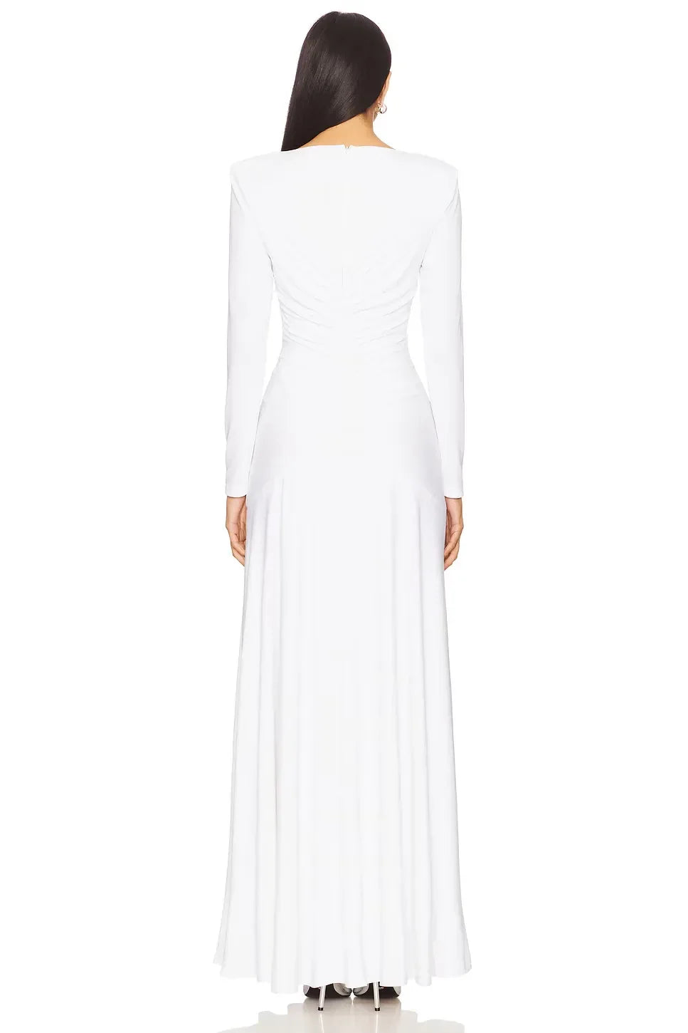 Elegant Sheath Boat Neck Long Sleeve Ruched Back Floor Length Evening Dress