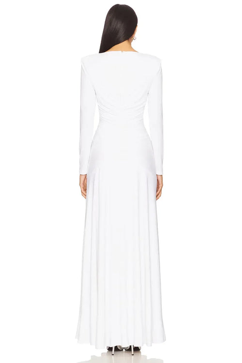 Robe de soirée fourreau élégante, col bateau, manches longues, dos froncé, longueur ras du sol