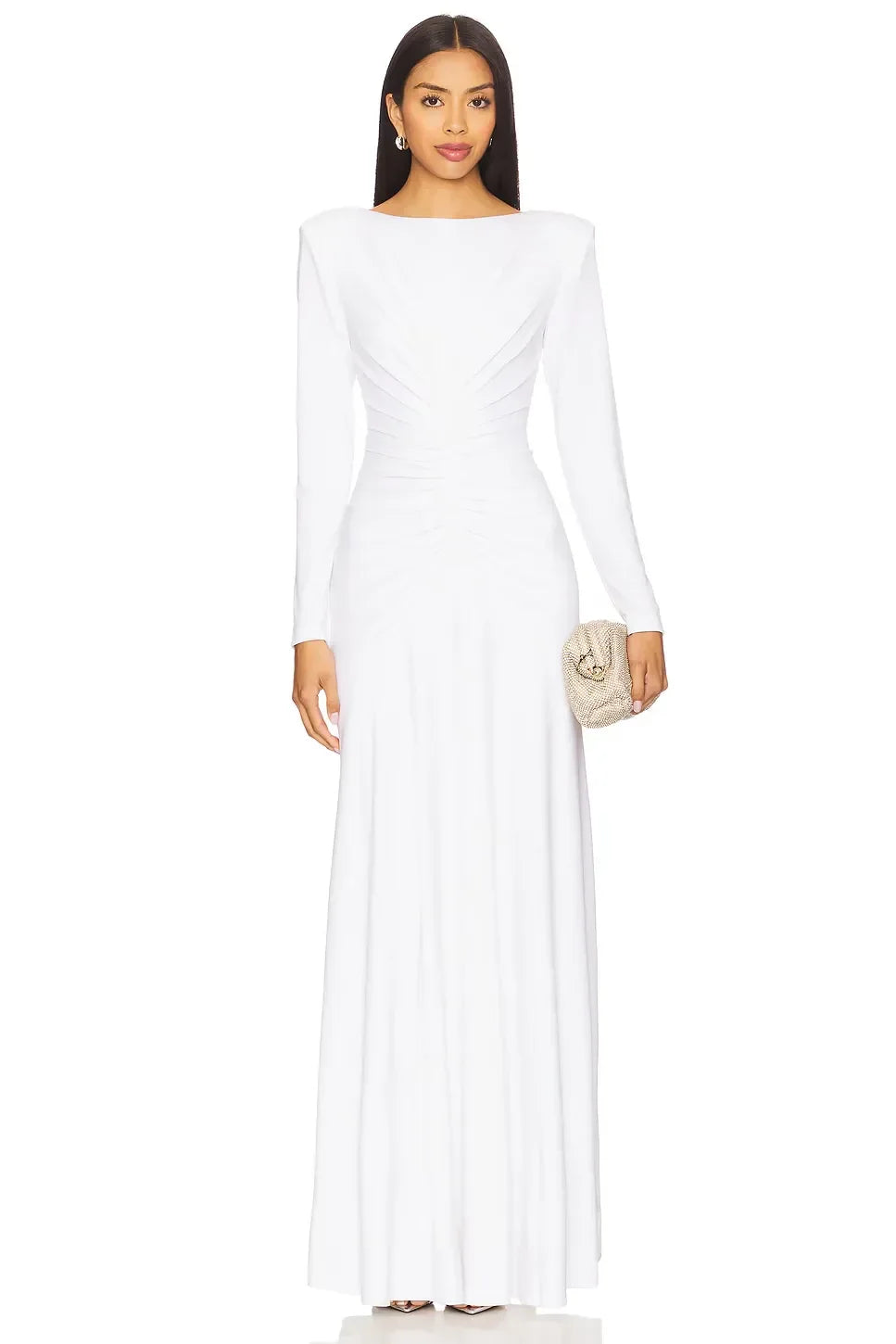 Elegant Sheath Boat Neck Long Sleeve Ruched Back Floor Length Evening Dress