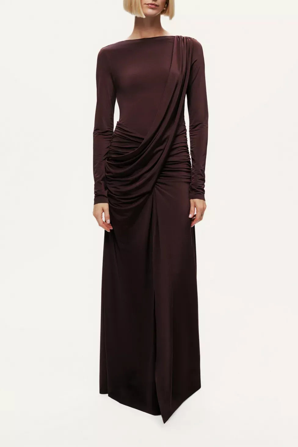 Elegant Sheath Boat Neck Long Sleeve Ruched Back Floor Length For Ladies Prom Dress