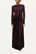 Elegant Sheath Boat Neck Long Sleeve Ruched Back Floor Length For Ladies Prom Dress