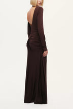 Elegant Sheath Boat Neck Long Sleeve Ruched Back Floor Length For Ladies Prom Dress