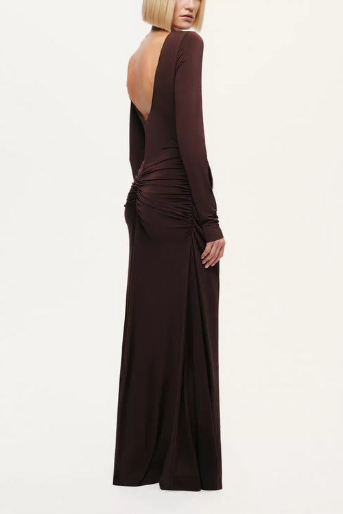 Robe de bal élégante fourreau col bateau manches longues froncée au dos longueur ras du sol pour femme
