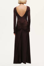 Elegant Sheath Boat Neck Long Sleeve Ruched Back Floor Length For Ladies Prom Dress
