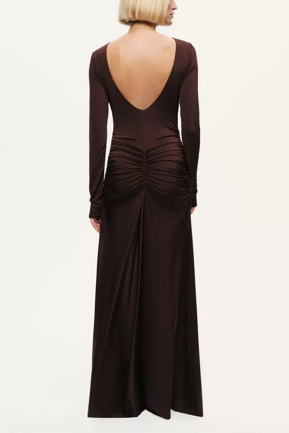 Elegant Sheath Boat Neck Long Sleeve Ruched Back Floor Length For Ladies Prom Dress