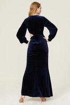 Elegant Sheath Boat Neck Puff Sleeve Cutout Waist Floor Length Plus Size Prom Dress