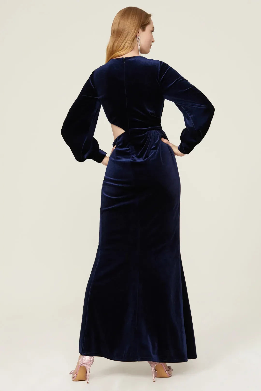 Elegant Sheath Boat Neck Puff Sleeve Cutout Waist Floor Length Plus Size Prom Dress
