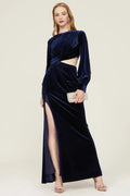 Elegant Sheath Boat Neck Puff Sleeve Cutout Waist Floor Length Plus Size Prom Dress