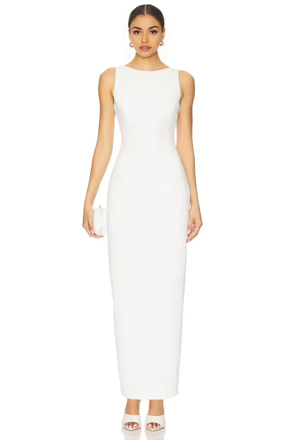 Elegant Sheath Boat Neck Sleeveless Open Back Slit Back Floor Length Evening Dress