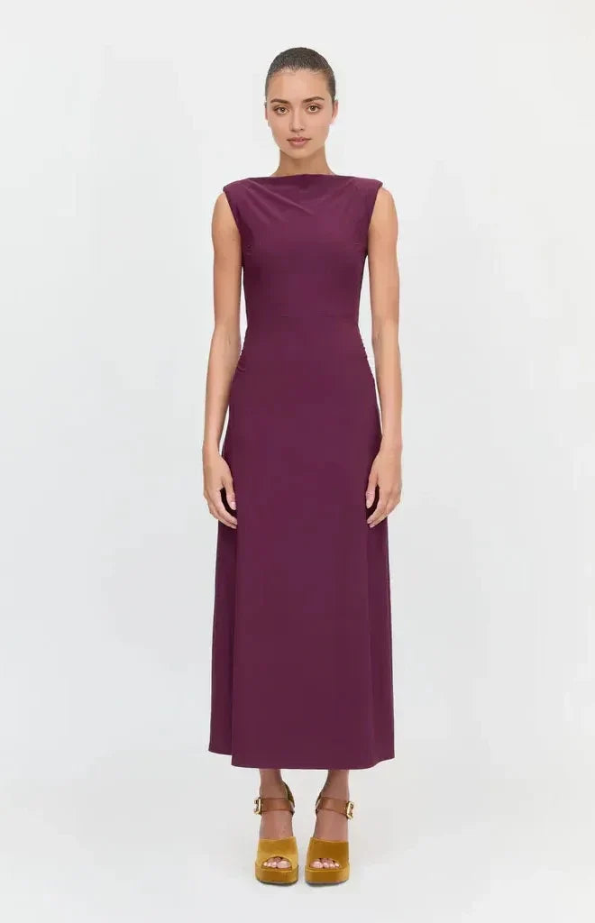 Elegant Sheath Boat Neck Sleeveless Ruched Back Midi Length Prom Dress