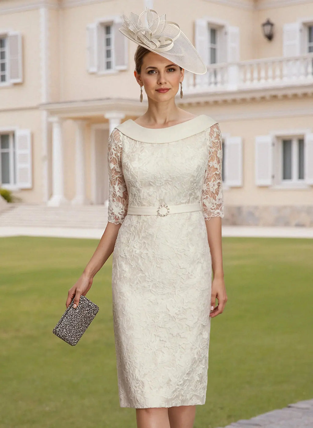 Ivory Sheath Boat Neck Three-Quarter Sleeve Cocktail Dress with Belt