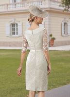 Ivory Sheath Boat Neck Three-Quarter Sleeve Cocktail Dress with Belt
