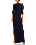 Elegant Sheath Boat Neck Three Quarter Sleeve Plunging Back Floor Length Prom Dress