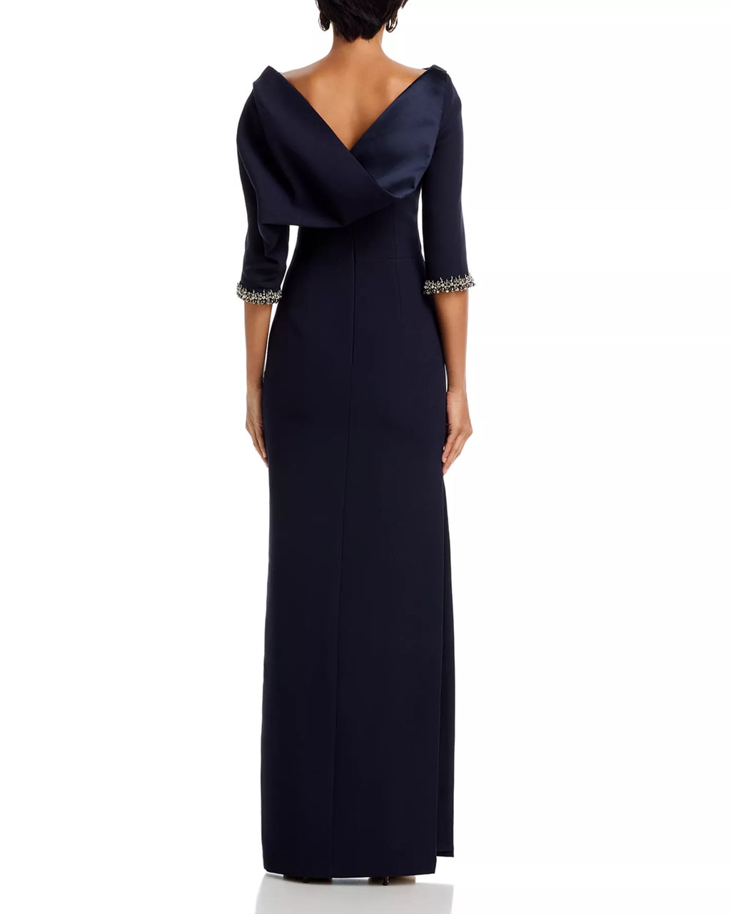 Elegant Sheath Boat Neck Three Quarter Sleeve Plunging Back Floor Length Prom Dress