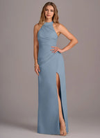 Elegant Sheath Chiffon Halter Neck Sleeveless Open Back Floor Length Bridesmaid Dress