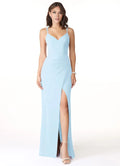 Elegant Sheath Chiffon V Neck Spaghetti Strap Crisscross Back Floor Length Bridesmaid Dress