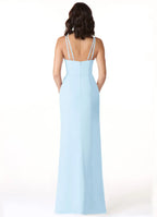 Elegant Sheath Chiffon V Neck Spaghetti Strap Crisscross Back Floor Length Bridesmaid Dress