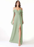 Elegant Sheath Cold Shoulder Cape Sleeve V Back Floor Length Bridesmaid Dress