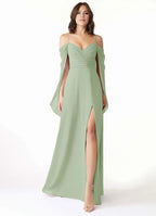 Elegant Sheath Cold Shoulder Cape Sleeve V Back Floor Length Bridesmaid Dress