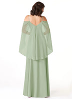 Elegant Sheath Cold Shoulder Cape Sleeve V Back Floor Length Bridesmaid Dress