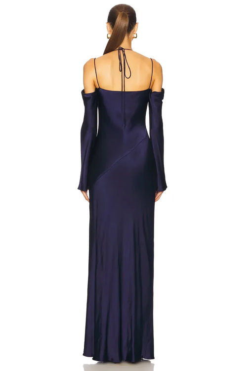 Élégante robe de soirée longue à col bénitier, épaules dénudées et dos noué