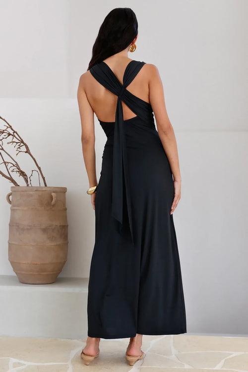 Élégante robe de bal longue sans manches à col bénitier, dos croisé