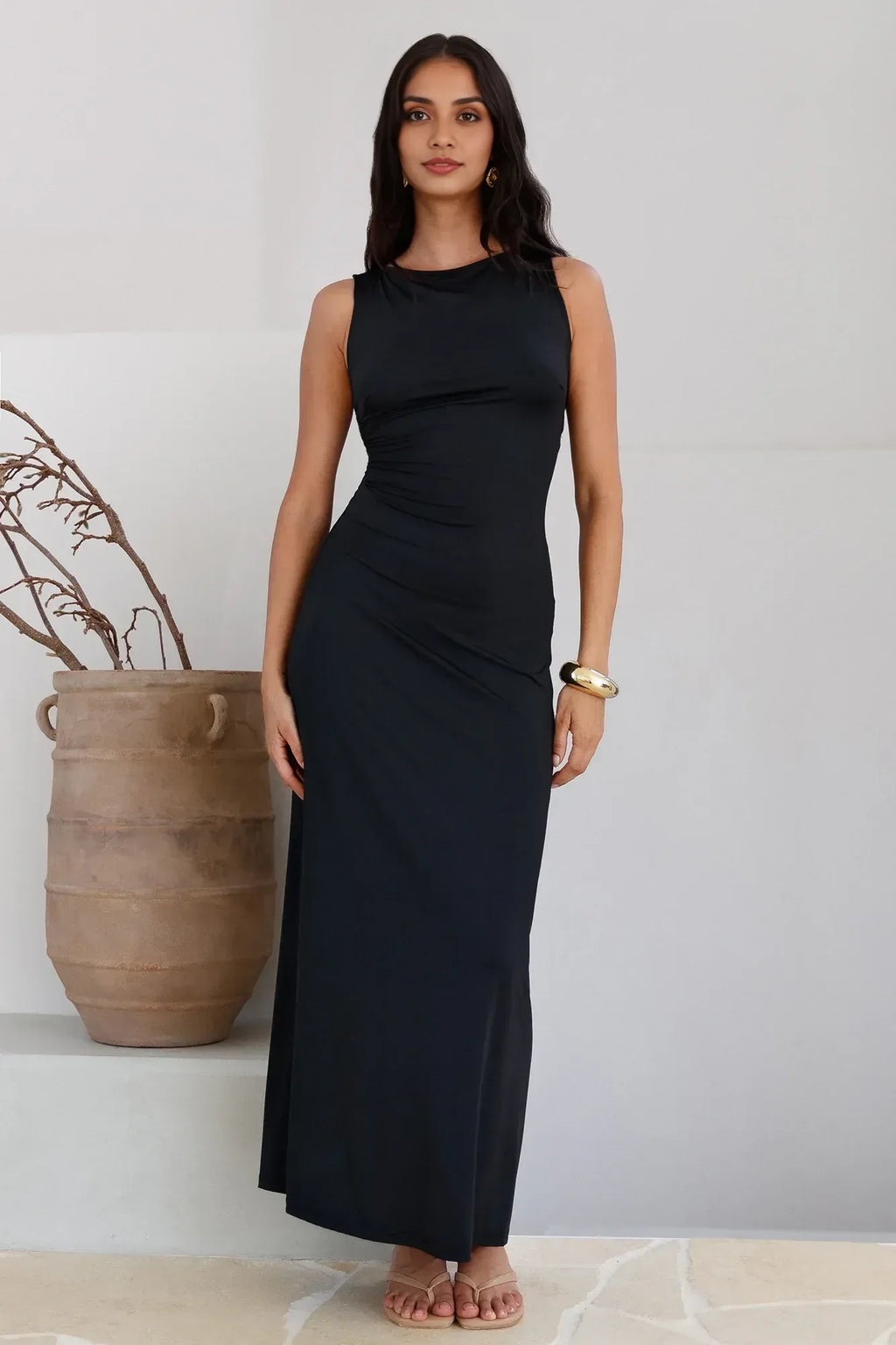 Elegant Sheath Cowl Neck Sleeveless Cross Back Floor Length Prom Dress