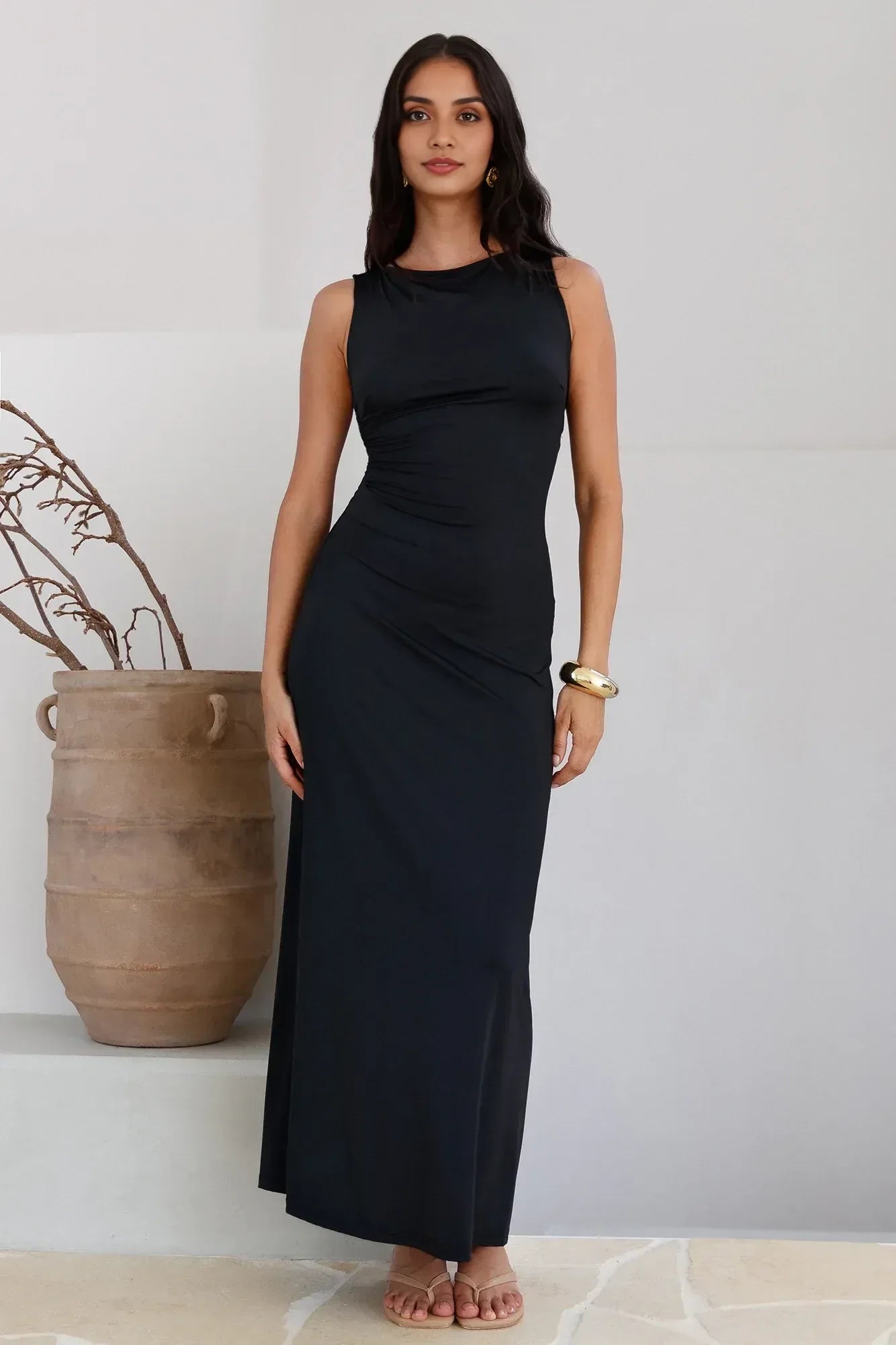 Elegant Sheath Cowl Neck Sleeveless Cross Back Floor Length Prom Dress