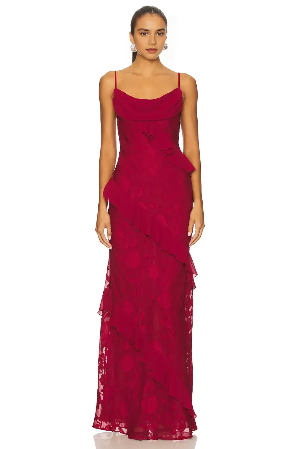 Elegant Sheath Cowl Neck Spaghetti Strap Ruffled Back Floor Length Evening Dress