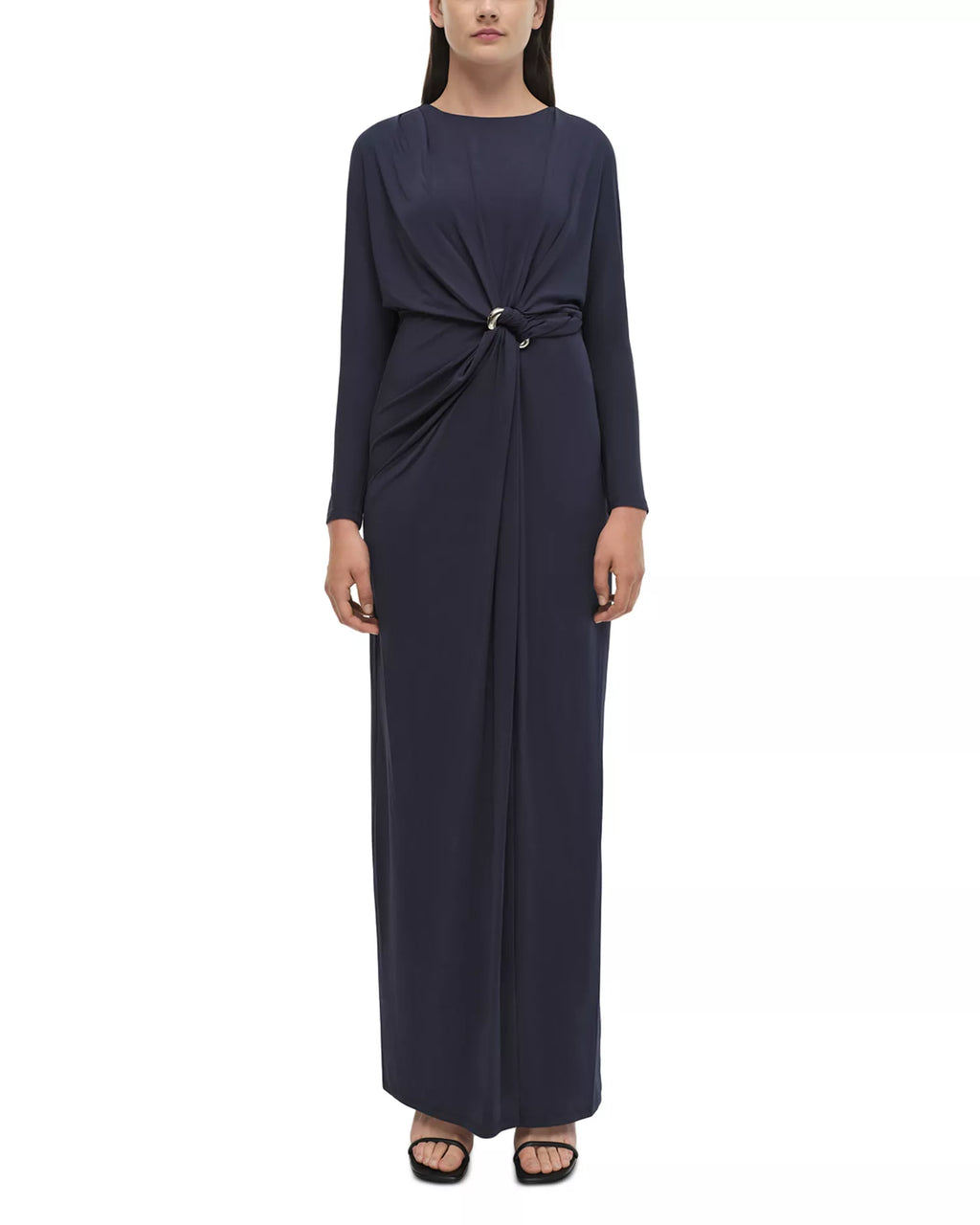 Elegant Sheath Crew Neck Long Sleeve Knot Accent Floor Length Prom Dress