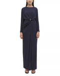 Elegant Sheath Crew Neck Long Sleeve Knot Accent Floor Length Prom Dress