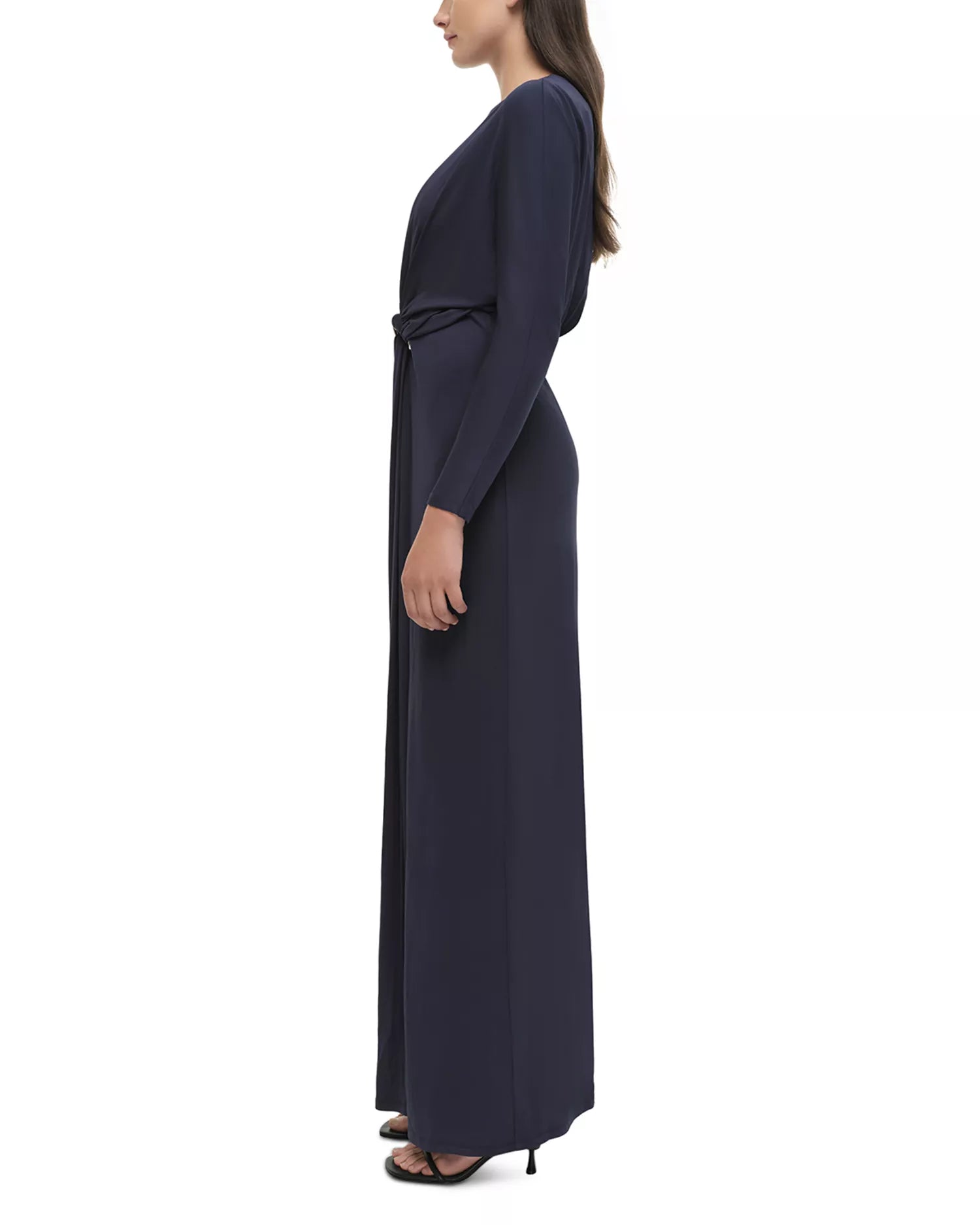 Elegant Sheath Crew Neck Long Sleeve Knot Accent Floor Length Prom Dress