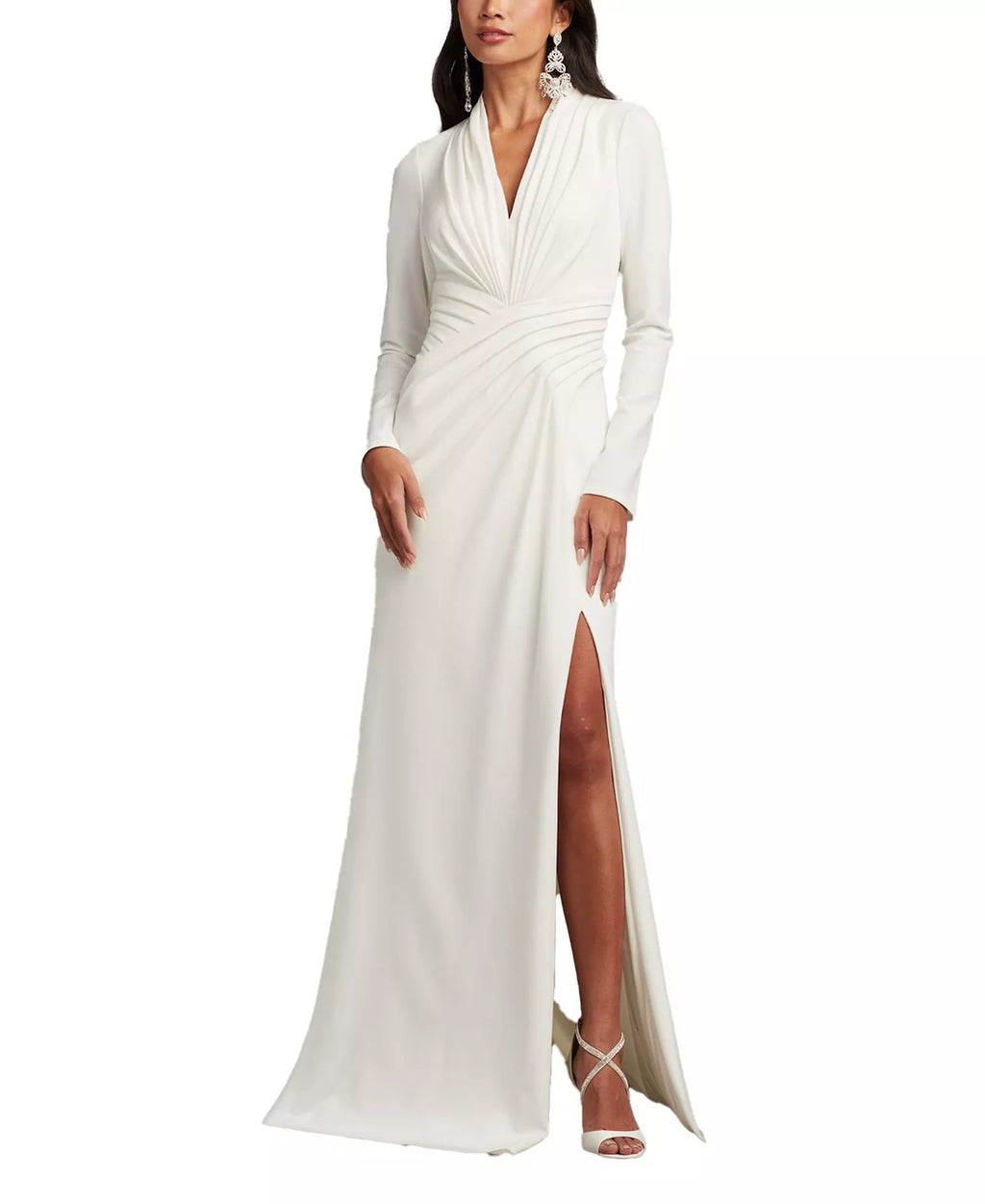 Elegant Sheath Deep V Neck Long Sleeve Ruched Back Train Floor Length For Adults Prom Dress
