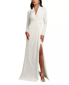 Elegant Sheath Deep V Neck Long Sleeve Ruched Back Train Floor Length For Adults Prom Dress