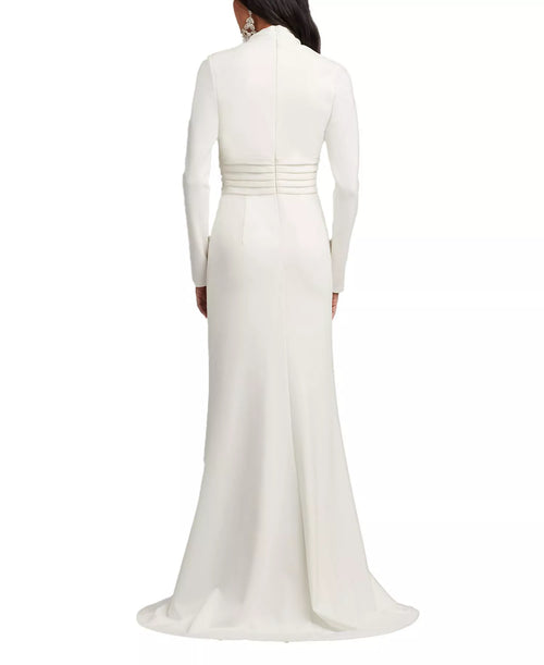 Robe de bal élégante fourreau col en V profond manches longues dos drapé traîne longueur ras du sol pour adultes