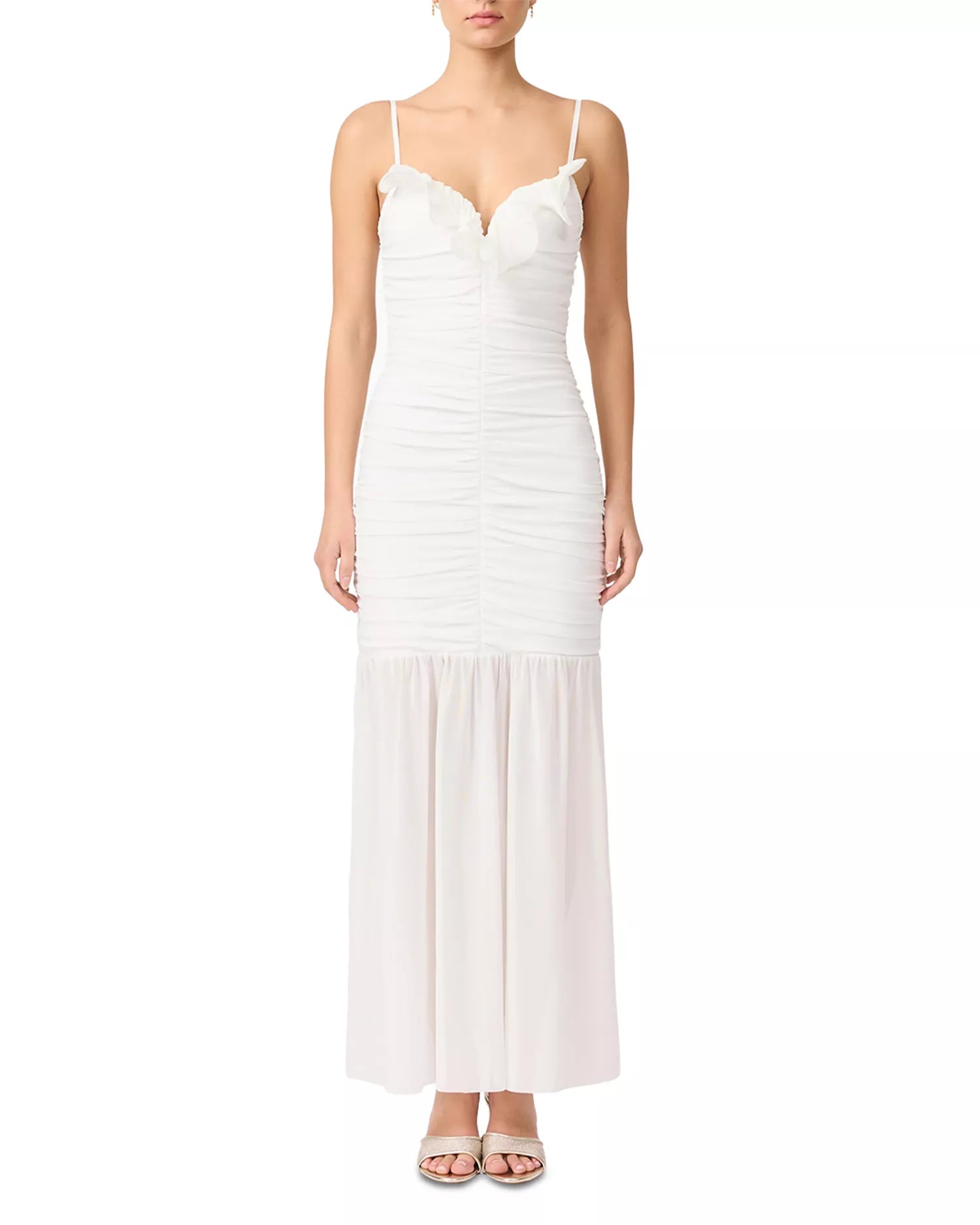 Elegant Sheath Deep-V Neck Spaghetti Strap Ruched Back Floor Length Female Prom Dress