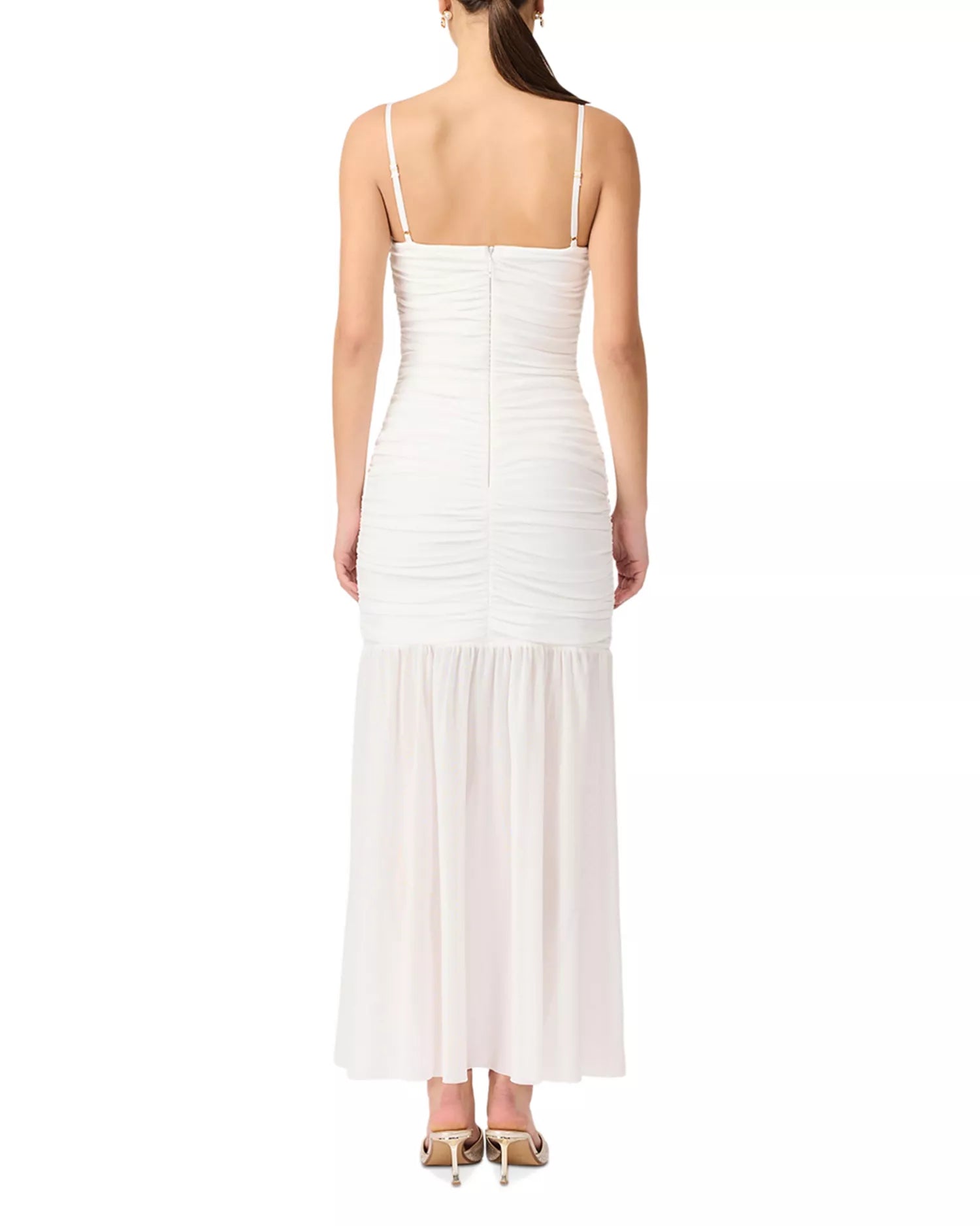 Elegant Sheath Deep-V Neck Spaghetti Strap Ruched Back Floor Length Female Prom Dress
